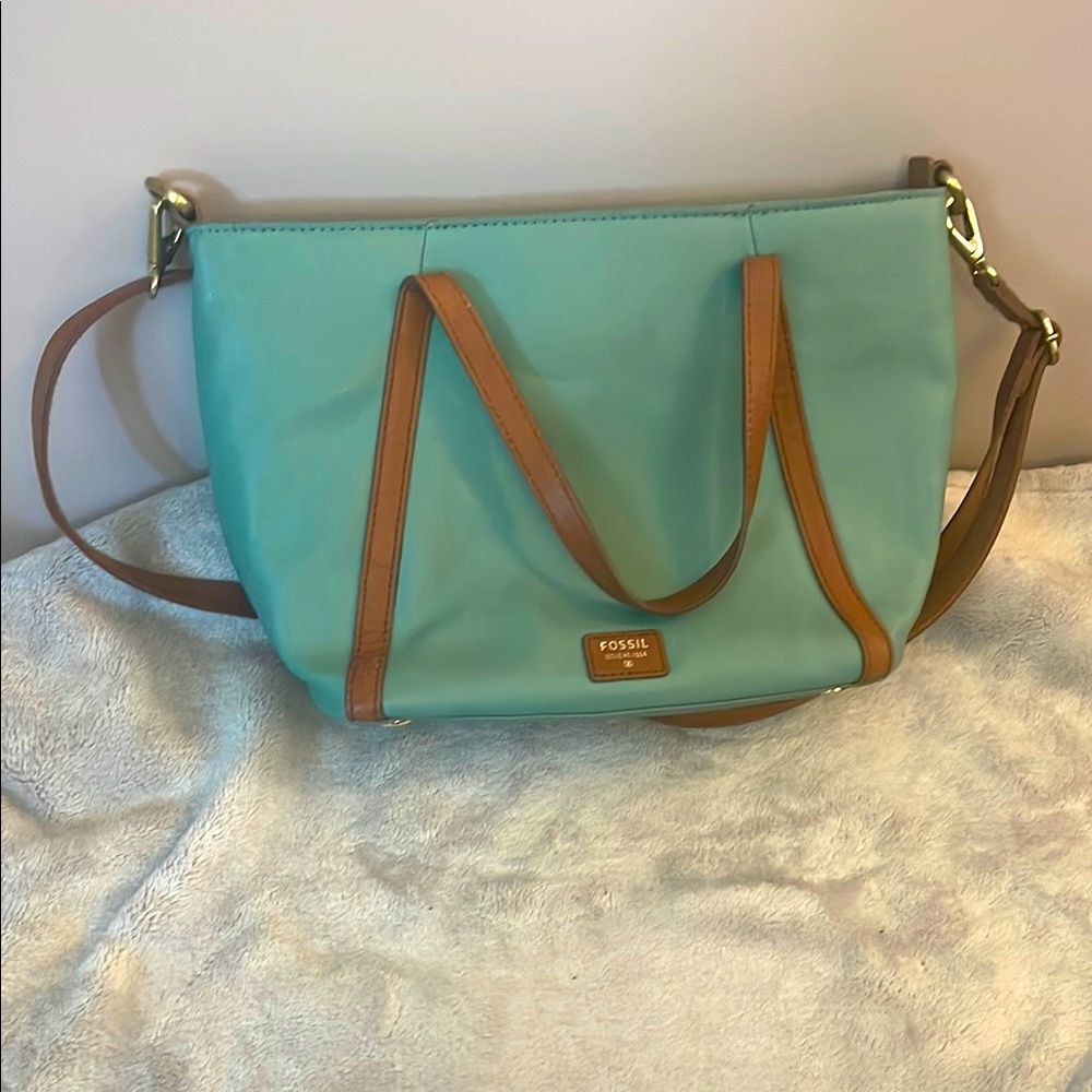 Chic Fossil Women’s Handbag – Teal & Brown Leather